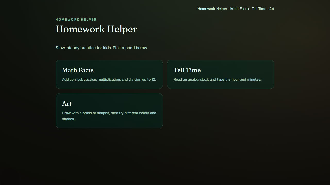 Landing page for Homework Helper