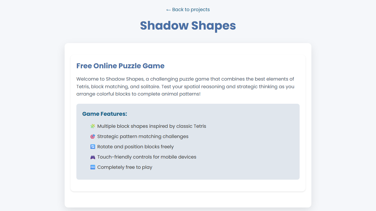 Landing page for Shadow Shapes
